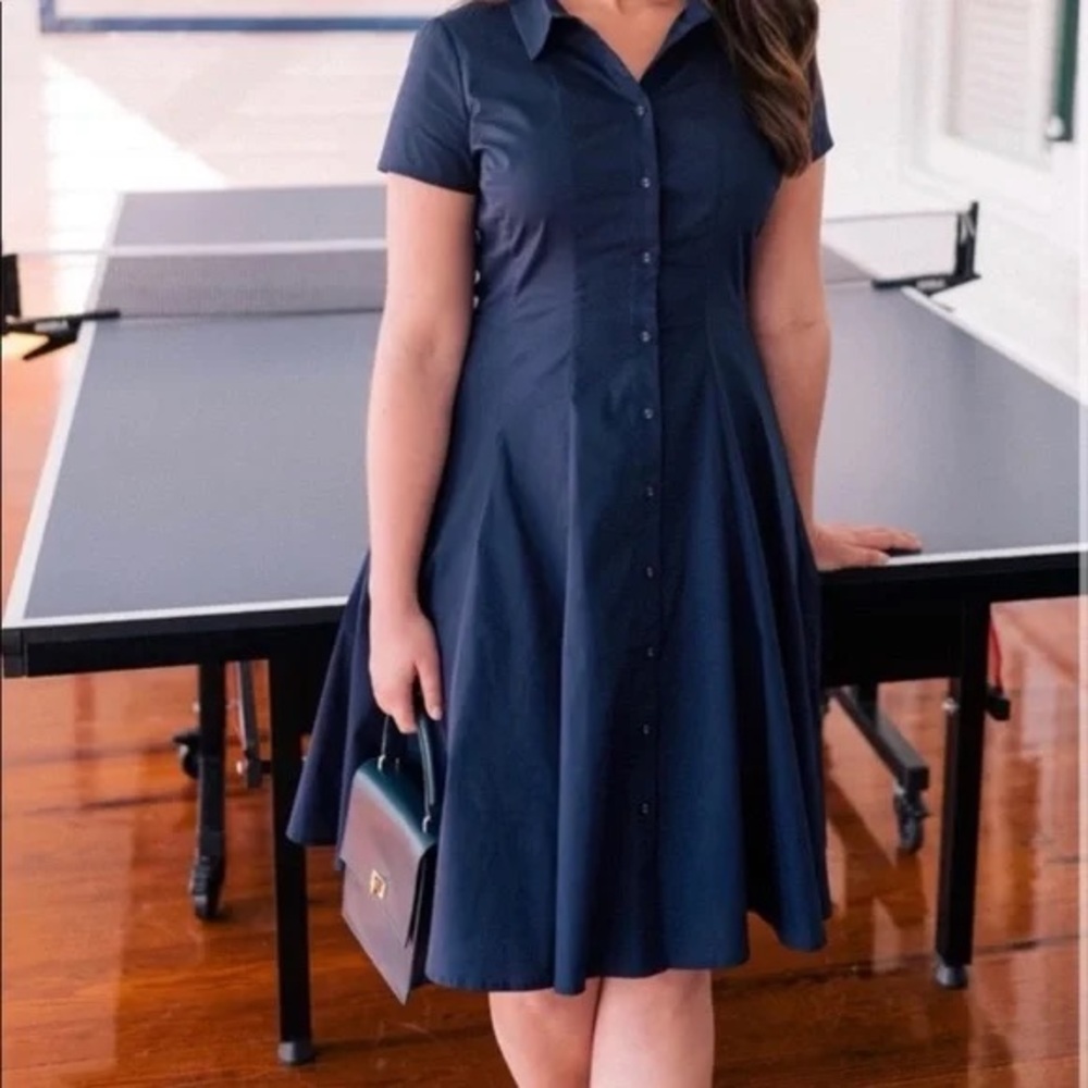 Gal Meets Glam Molly Fit and Flare Navy Blue Button Up Shirt Dress Size 4
